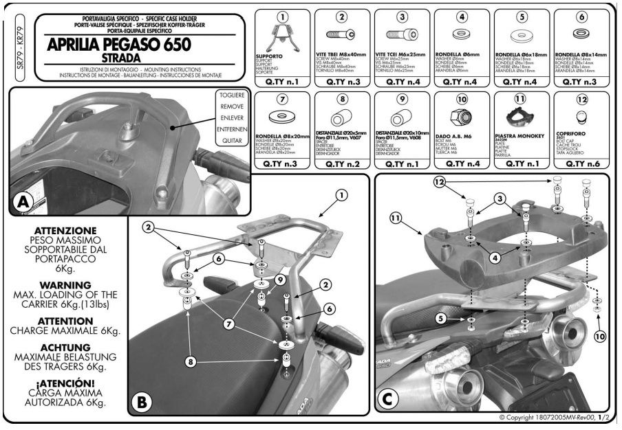 KAPPA KR79 APRILIA PEGASO 650 STRADA-TRAIL (05-11) ARKA ÇANTA TAŞIYICI
