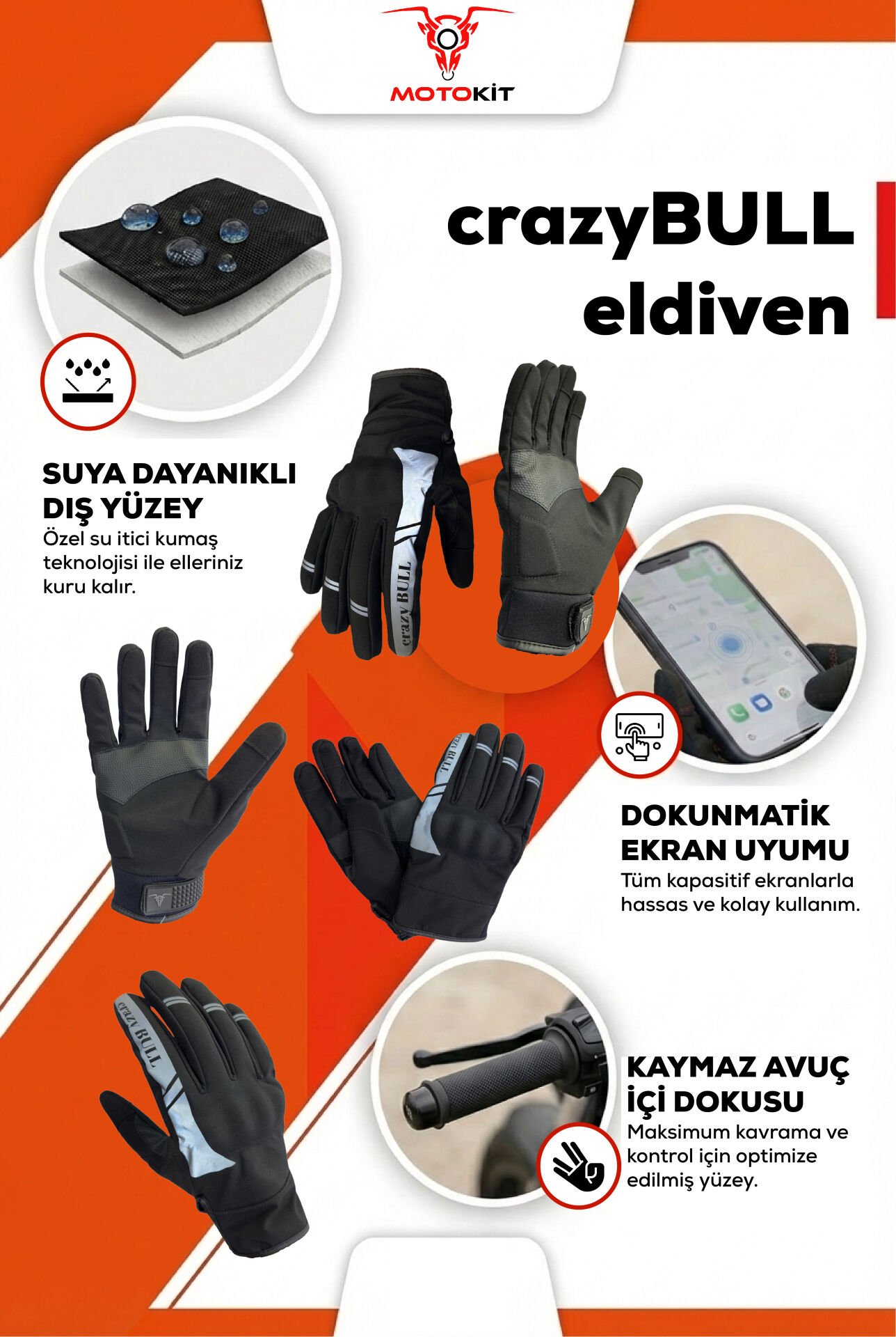 CRAZYBULL EAGLE - Gri / Su ve Rüzgar Geçirmez Kışlık Erkek Motosiklet Eldiveni