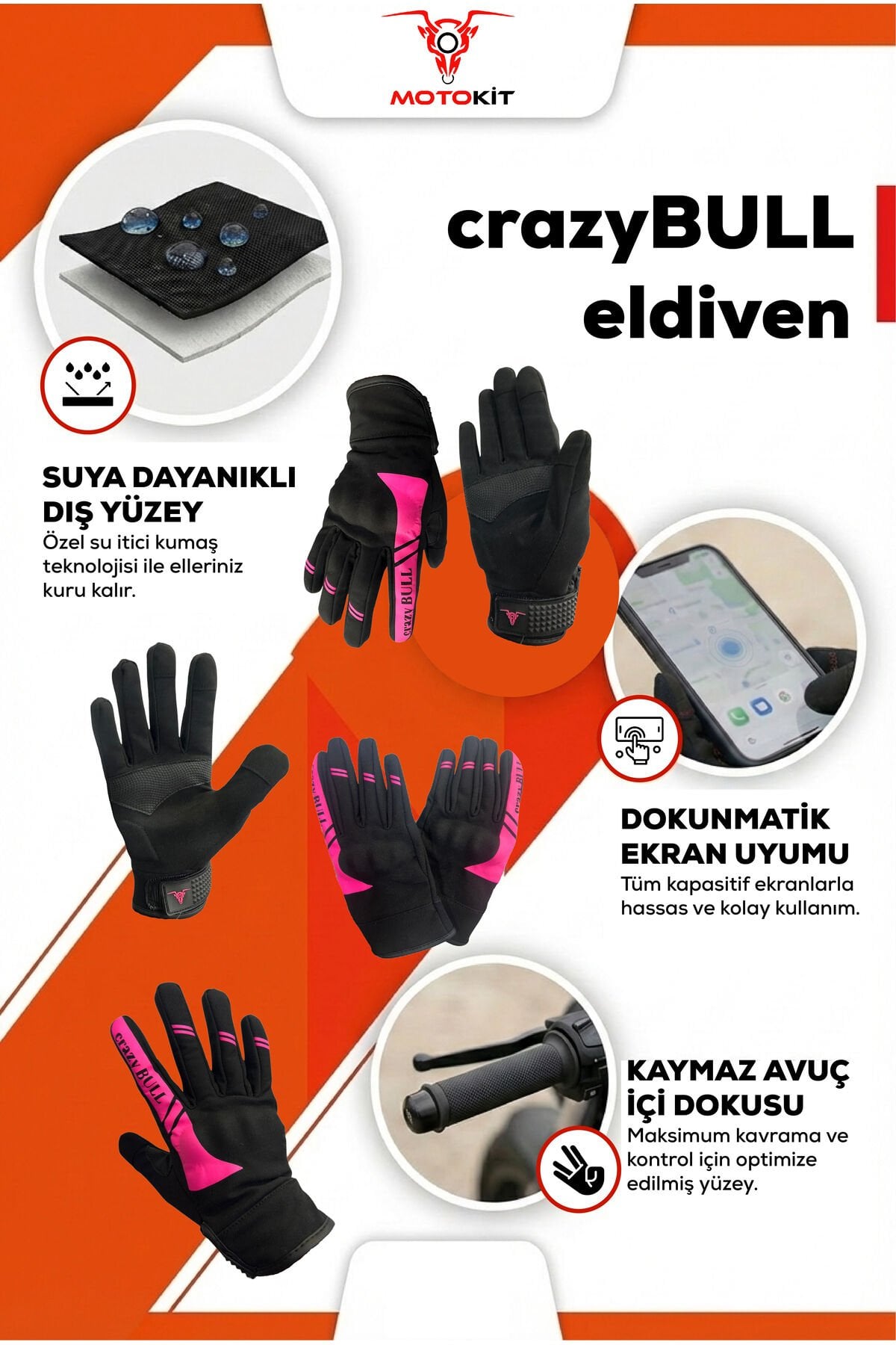 CRAZYBULL EAGLE - Pembe / Su ve Rüzgar Geçirmez Kışlık Kadın Motosiklet Eldiveni