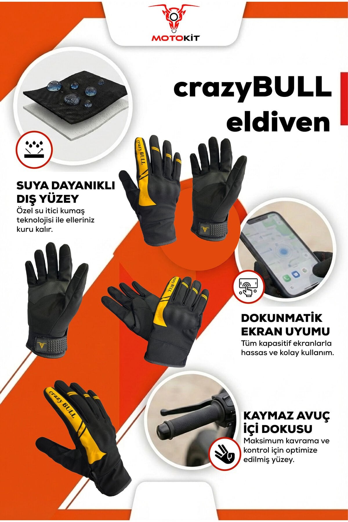 CRAZYBULL EAGLE - Sarı / Su ve Rüzgar Geçirmez Kışlık Erkek Motosiklet Eldiveni