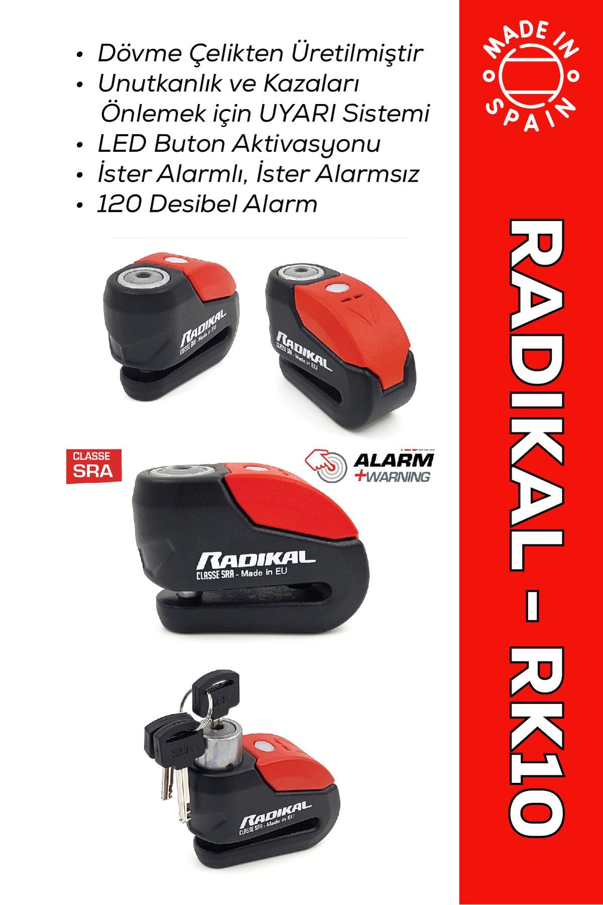 RADIKAL / RK10 Dövme Çelik Onaylı Motosiklet Disk Kilit Alarmı 120db Güçlendirilmiş Su Geçirmez Kilit