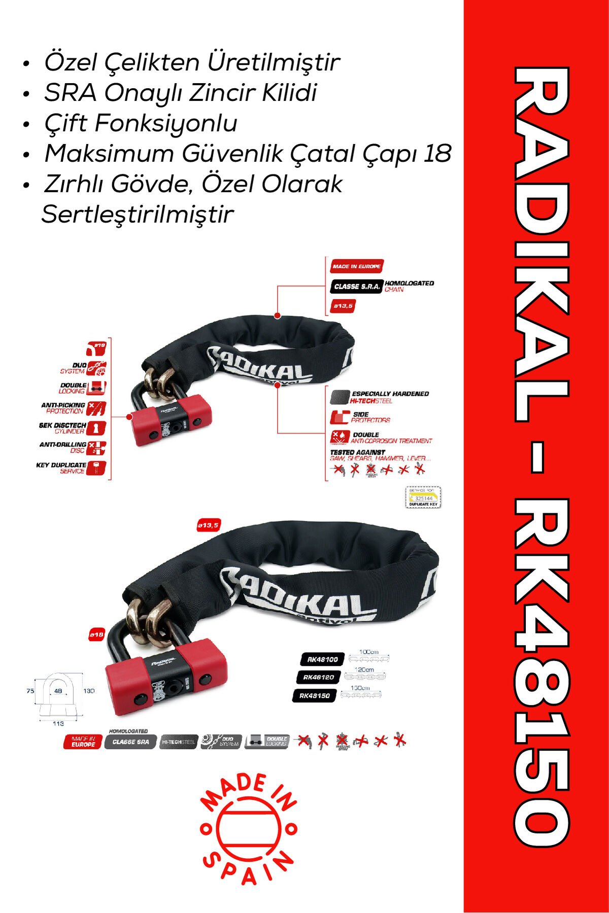RADIKAL / RK48150 SRA Onaylı Çift Fonksiyonlu Özel Çelik Zincir Kilit