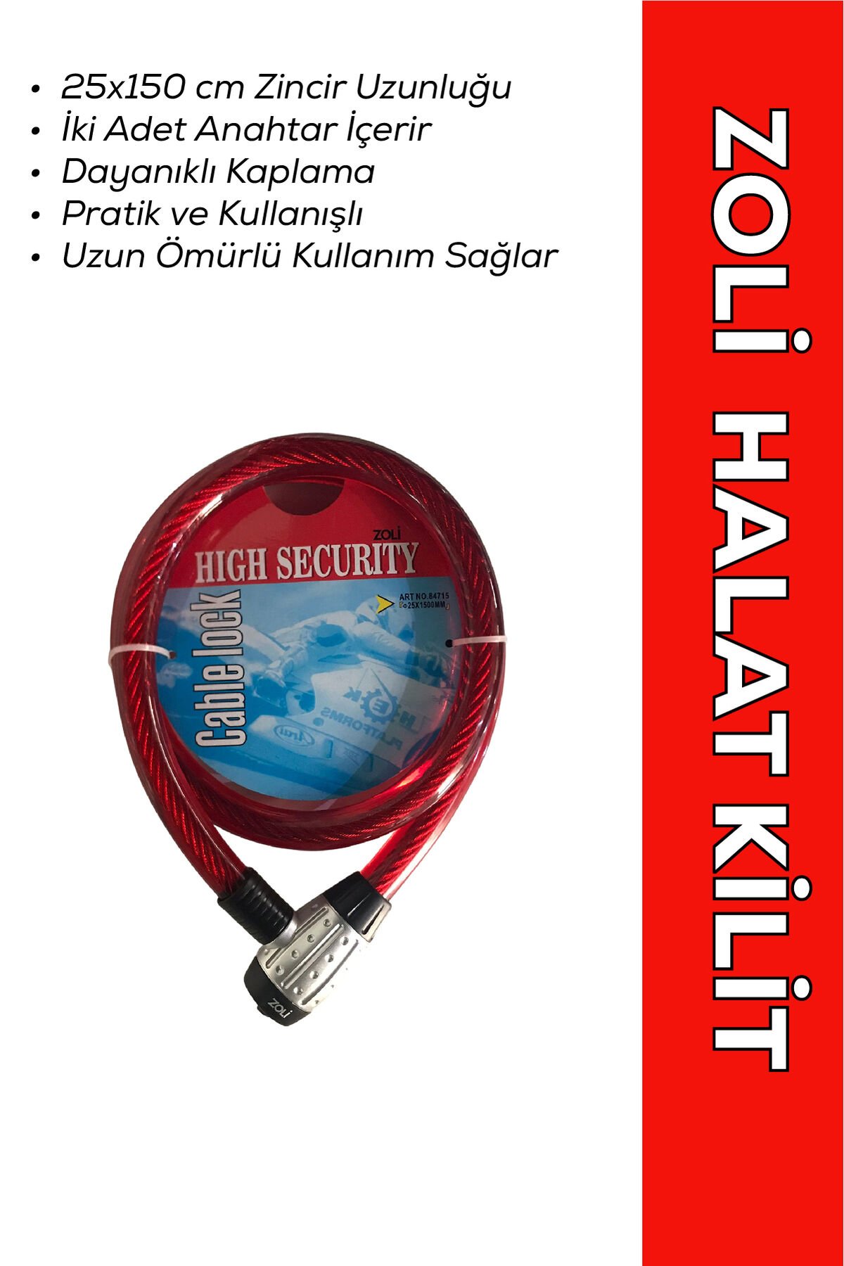 ZOLI / Motosiklet Kilidi Güçlendirilmiş İki Anahtarlı Halat Zincir Kilit 25x150