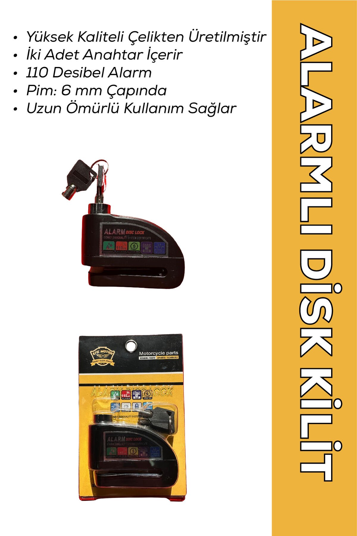 MOTOKIT / 110 Db Siyah Motosiklet Alarmlı Disk Kilidi 6 mm Pim