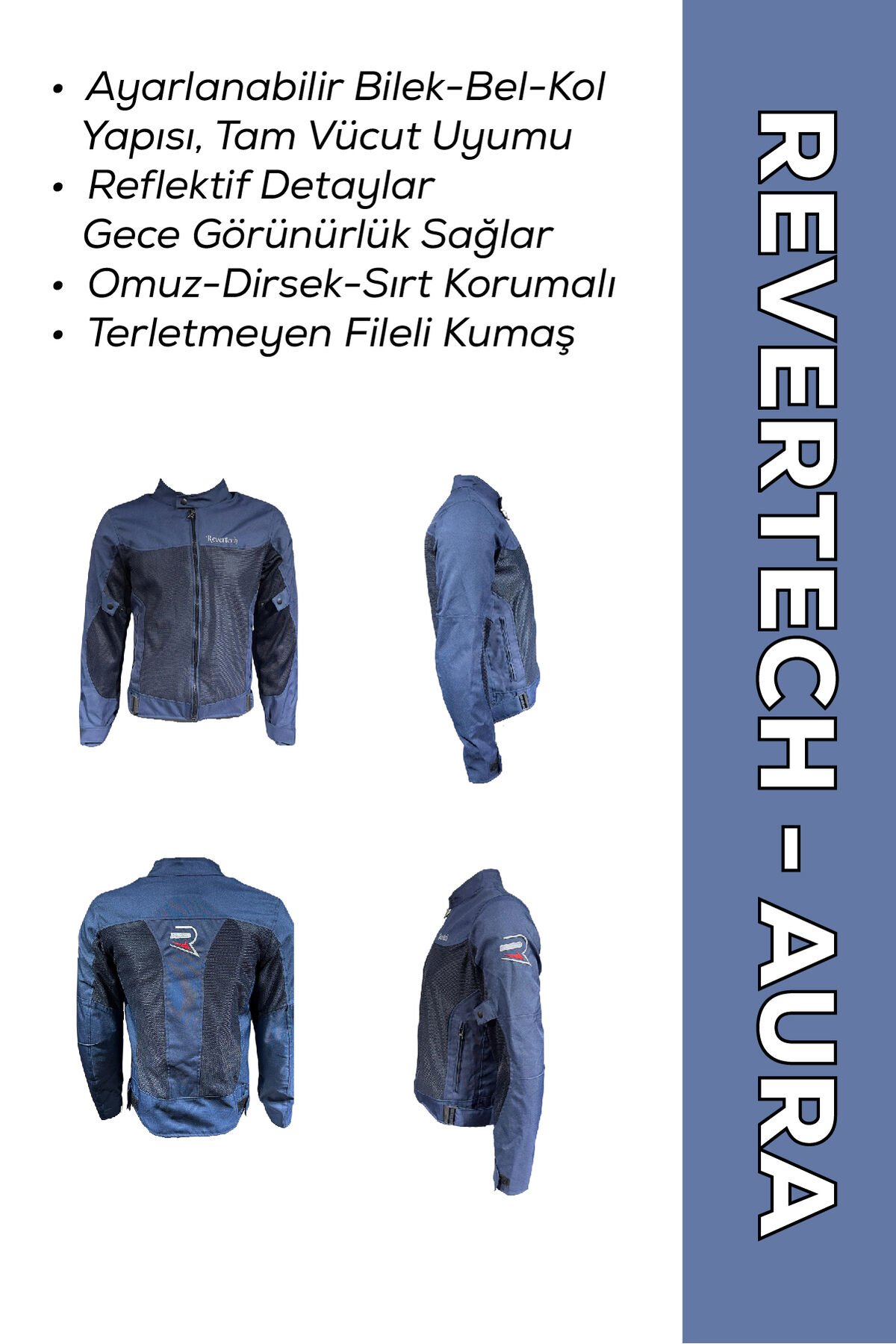 REVERTECH AURA - Lacivert / Terletmeyen Fileli Kumaş - Bel, Dirsek ve Sırt Korumalı Motosiklet Montu S