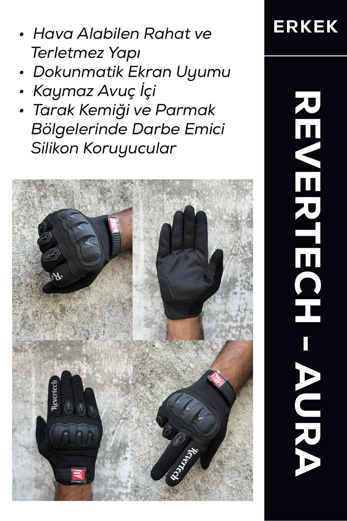 REVERTECH AURA - Siyah / Dokunmatik Ekran Uyumlu Erkek Motosiklet Eldiveni