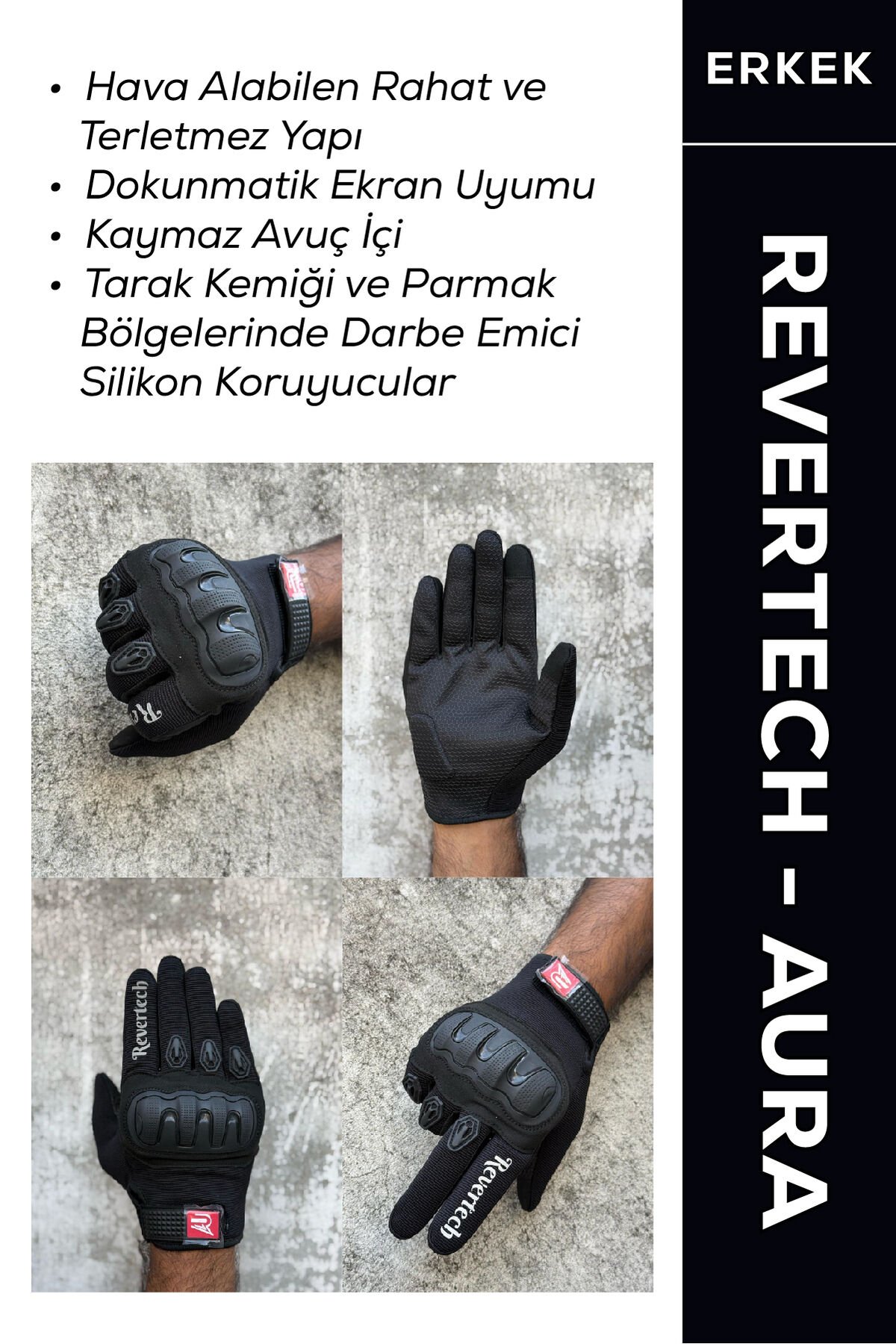REVERTECH AURA - Siyah / Dokunmatik Ekran Uyumlu Erkek Motosiklet Eldiveni