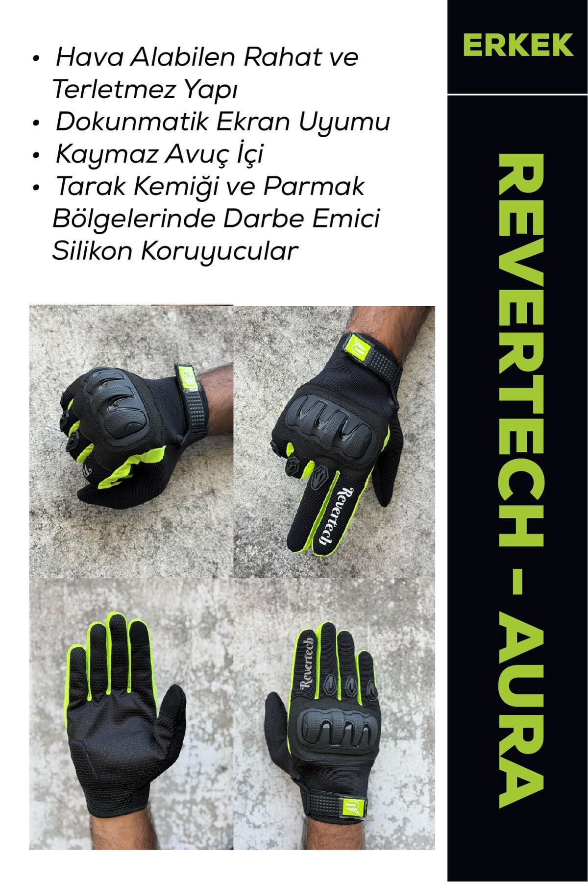 REVERTECH AURA - Siyah Neon / Dokunmatik Ekran Uyumlu Erkek Motosiklet Eldiveni