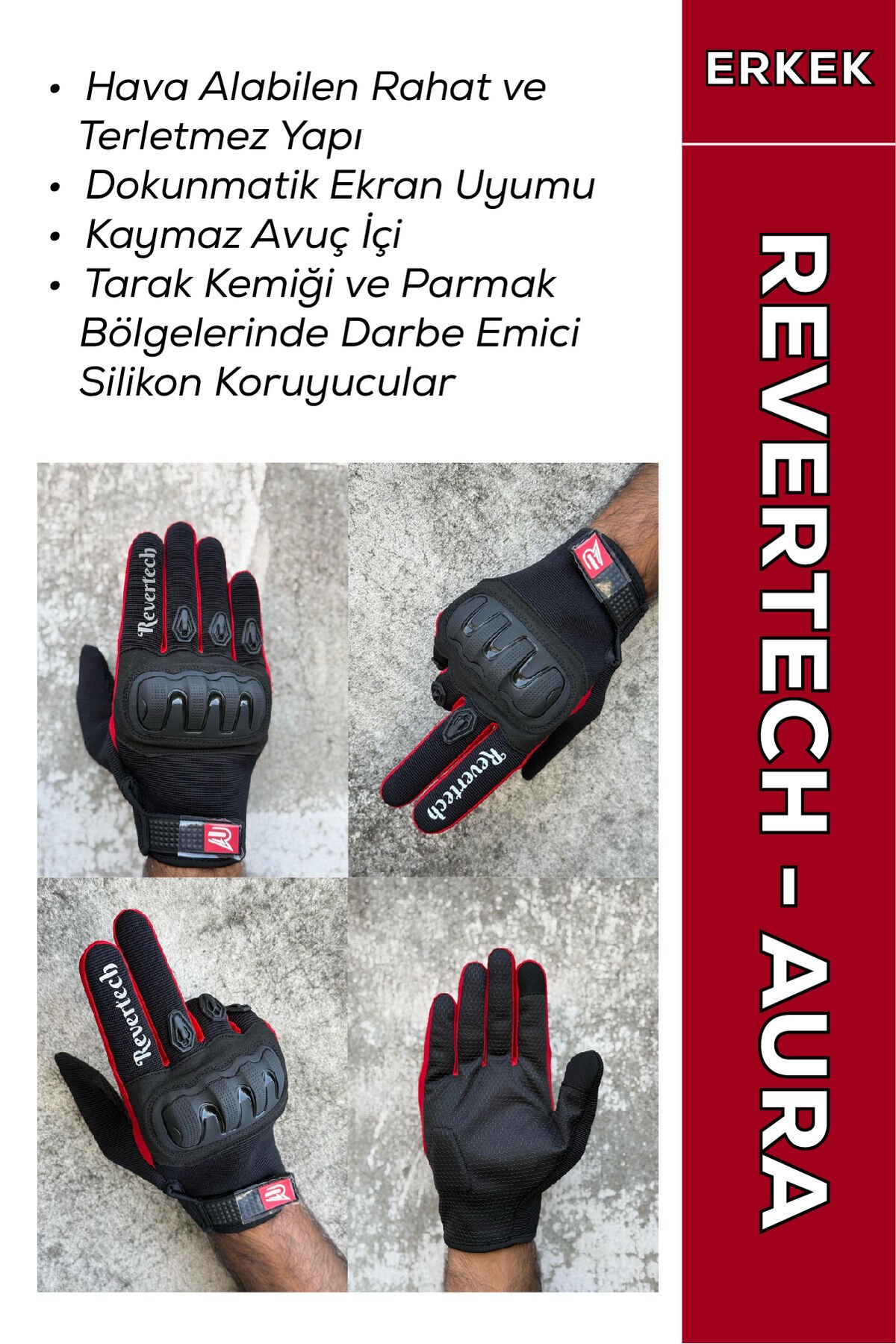 REVERTECH AURA - Kırmızı / Dokunmatik Ekran Uyumlu Erkek Motosiklet Eldiveni