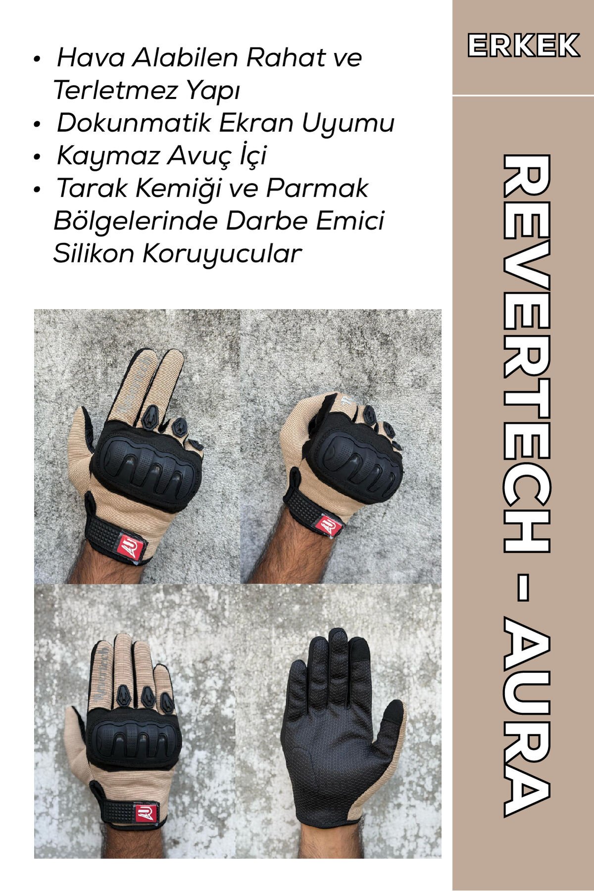 REVERTECH AURA - Krem / Dokunmatik Ekran Uyumlu Erkek Motosiklet Eldiveni