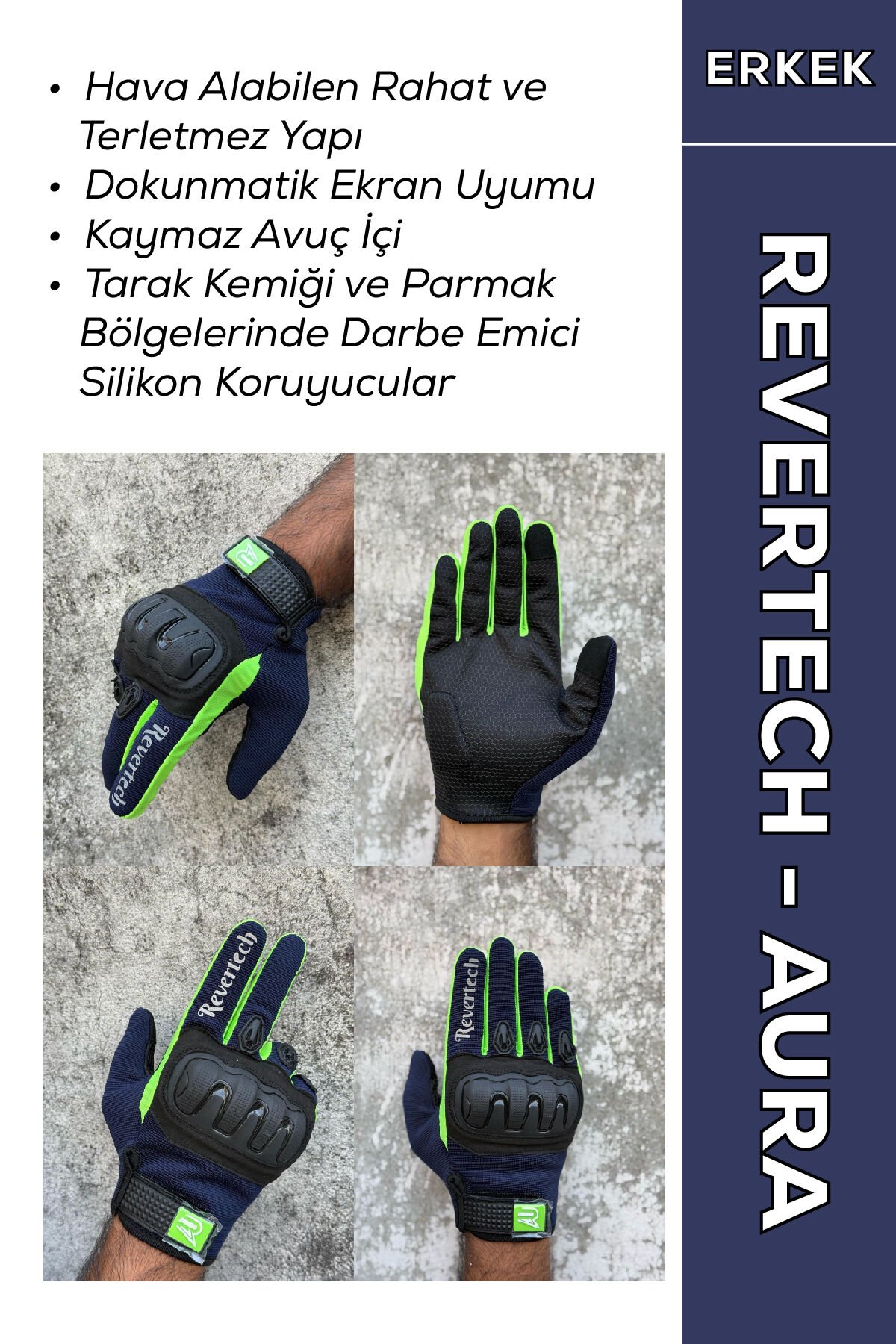 REVERTECH AURA - Lacivert Neon / Dokunmatik Ekran Uyumlu Erkek Motosiklet Eldiveni