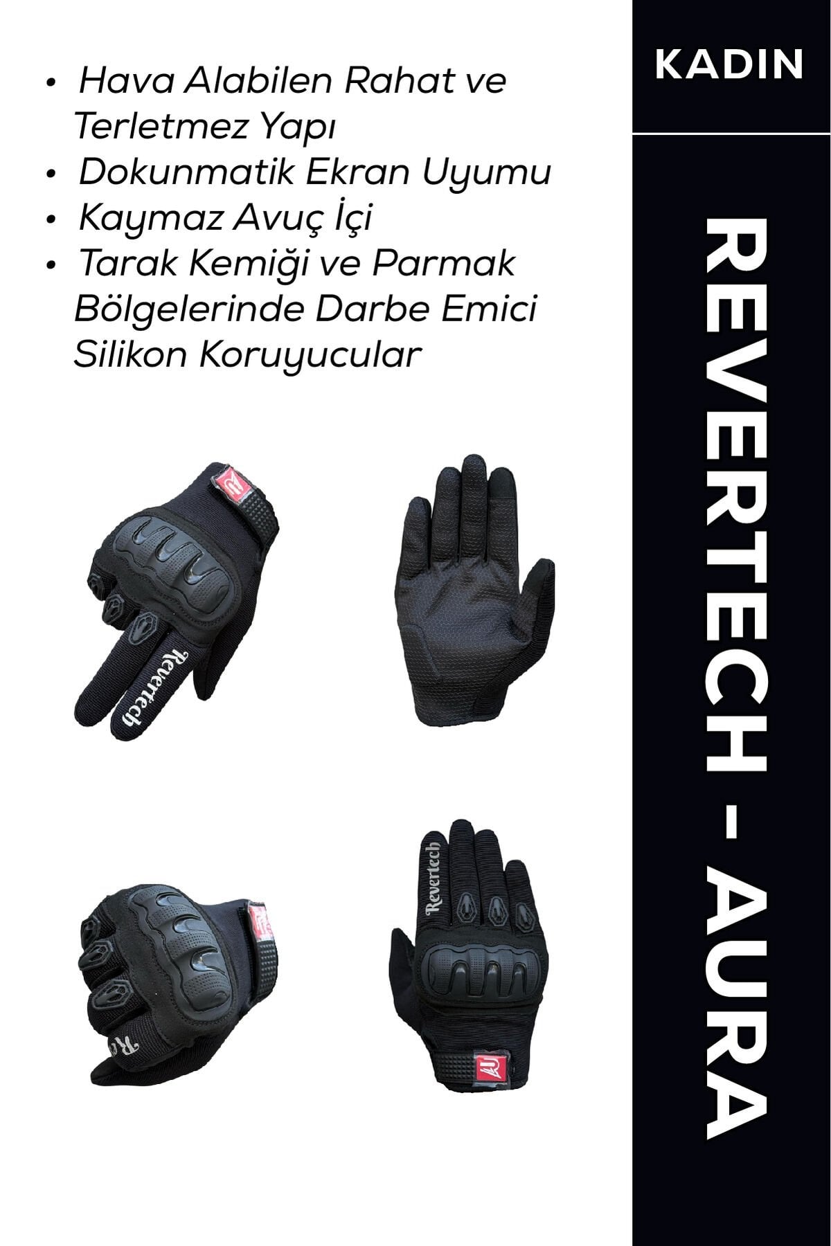 REVERTECH AURA - Siyah / Dokunmatik Ekran Uyumlu Kadın Motosiklet Eldiveni