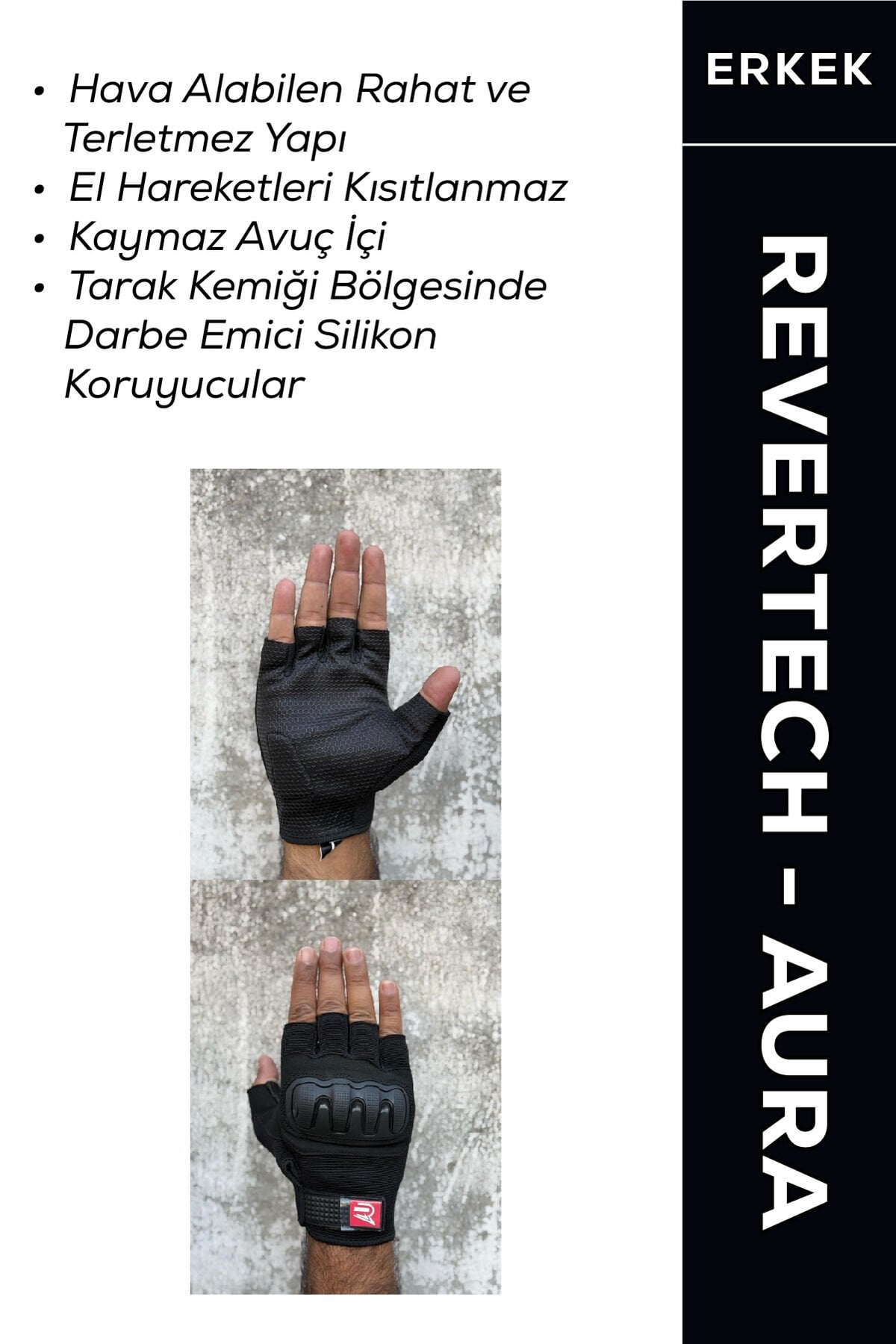 REVERTECH AURA - Siyah / Yarım Parmak - Kaymaz Avuç İçi Özellikli Erkek Motosiklet Eldiveni