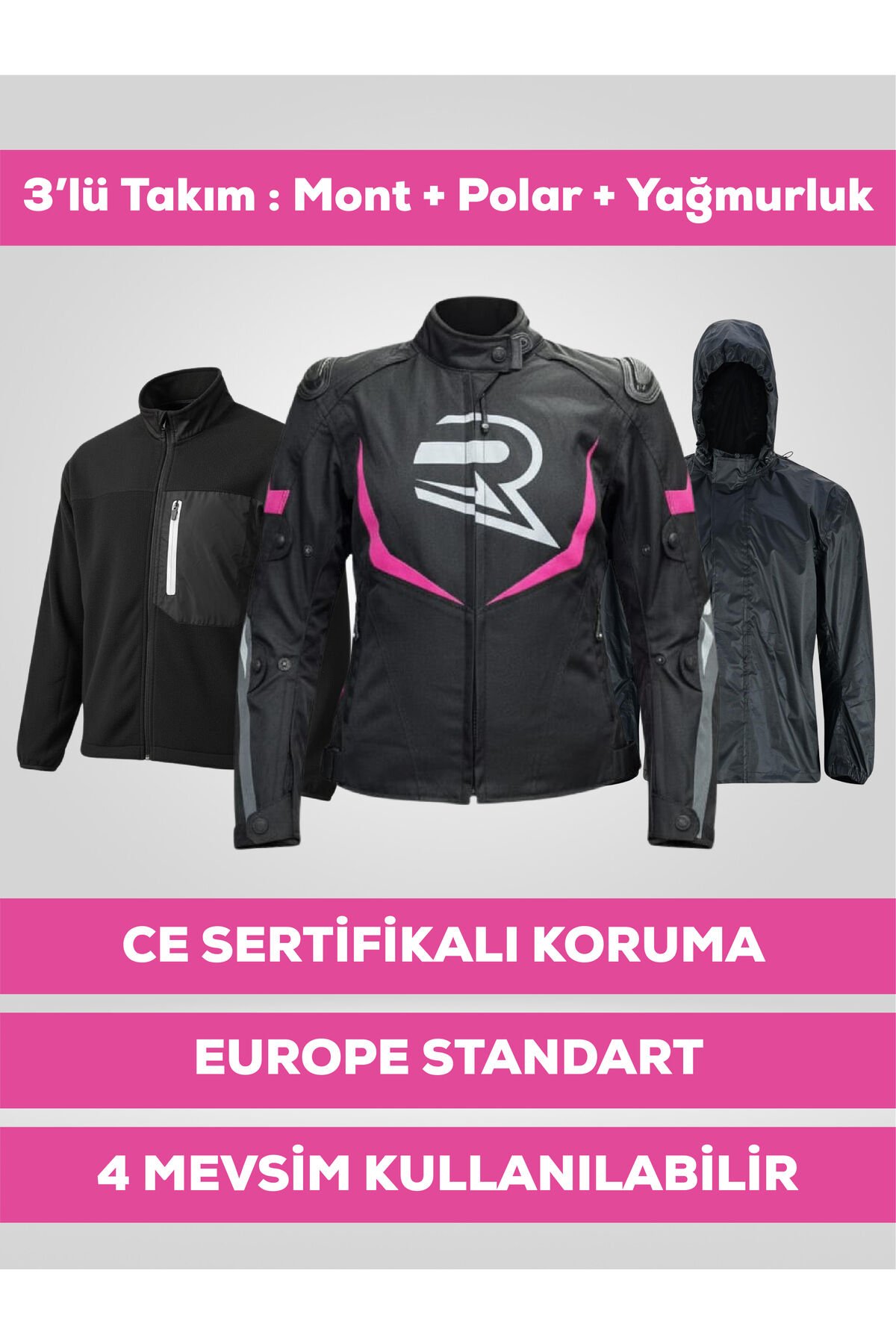 Pembe Kadın Motosiklet Montu 3 Katmanlı 4 Mevsim Korumalı Reflektörlü S