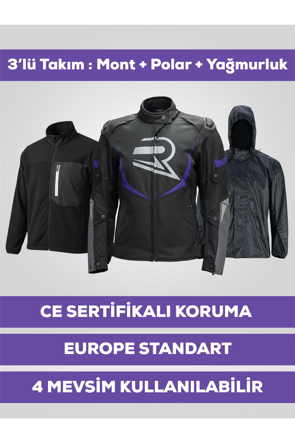 Mor Kadın Motosiklet Montu 3 Katmanlı 4 Mevsim Korumalı Reflektörlü S