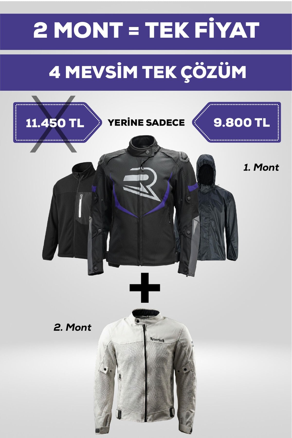 4 Mevsim Tek Paket Motosiklet Montu – Yazlık Fileli + Kışlık Mont + Yağmurluk + Polar L
