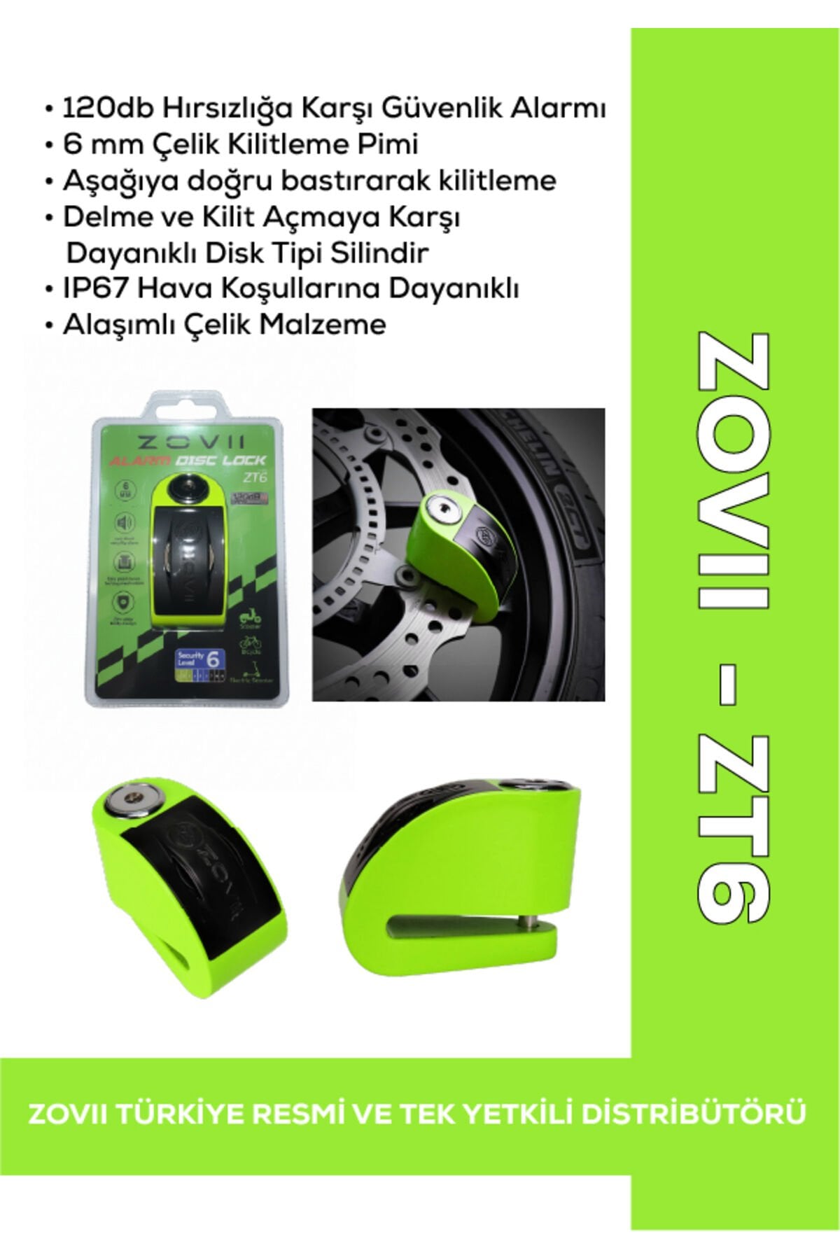 ZT6 | Yeşil 120 dB Alarmlı Motosiklet Disk Kilidi – IP67, Su Geçirmez, Çelik Güvenlik Kilidi