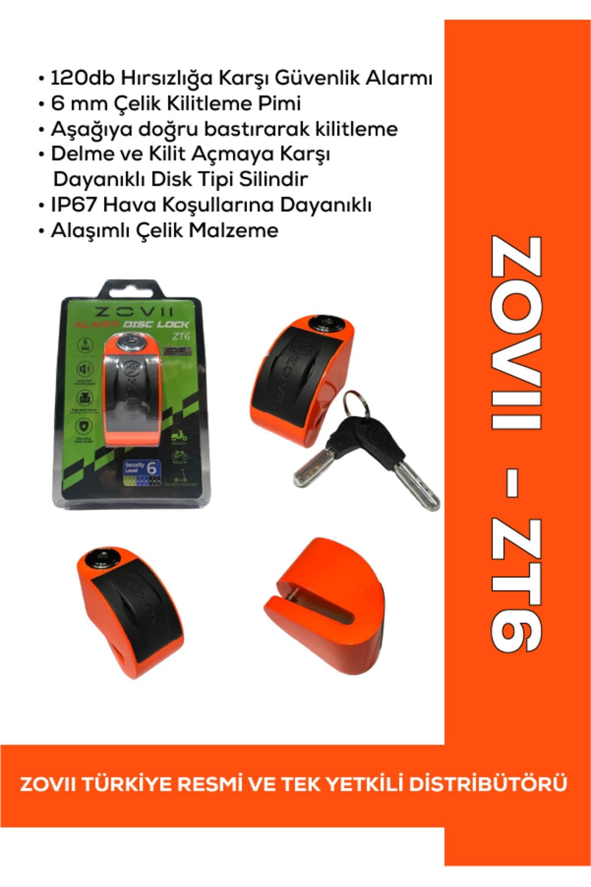 ZT6 | Turuncu 120 dB Alarmlı Motosiklet Disk Kilidi – IP67 Sertifikalı, Çelik Güvenlik Kilidi