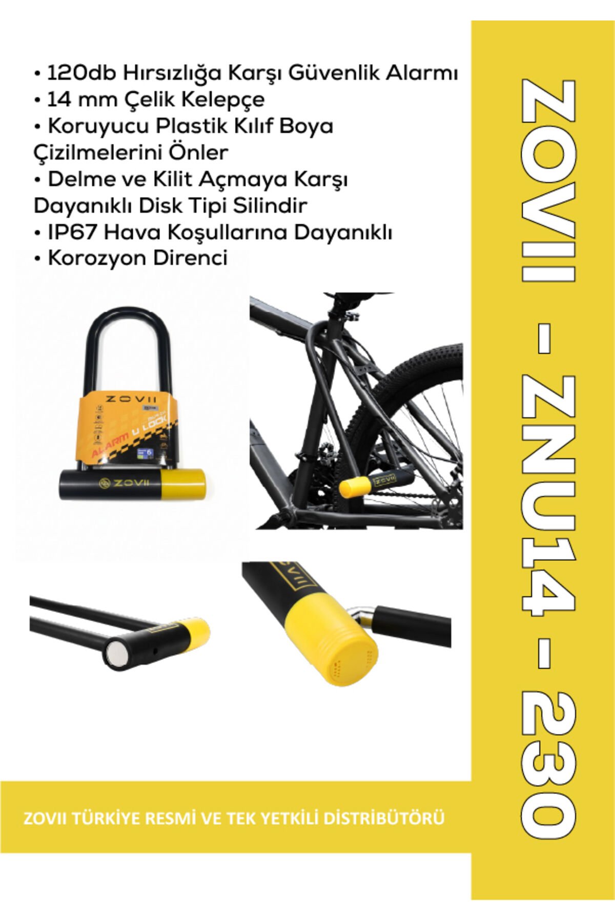 ZOVII ZNU14-230| Sarı 120 dB Alarmlı Motosiklet U Kilidi - 14 mm Çelik, Korozyon Dirençli, IP67