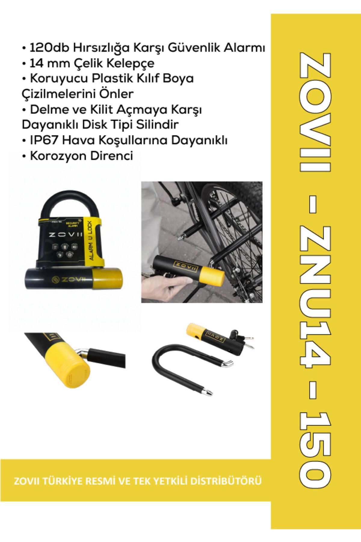 ZOVII ZNU14-150| Sarı 120 dB Alarmlı Motosiklet U Kilidi - 14 mm Çelik, Korozyon Dirençli, IP67