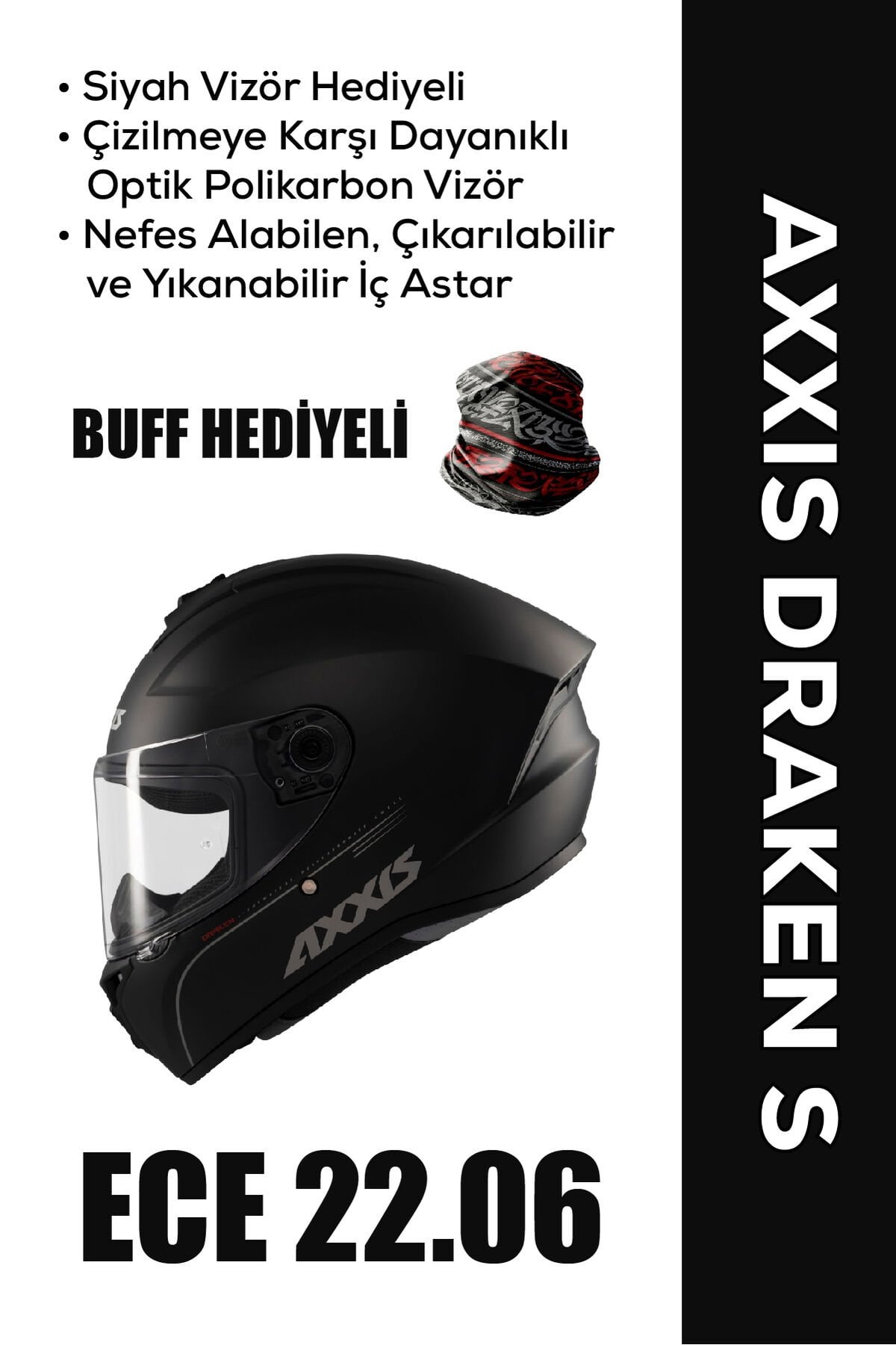 Draken S SOLID / Mat Siyah Full Face Motosiklet Kaskı Siyah Vizör Hediyeli Siyah - M