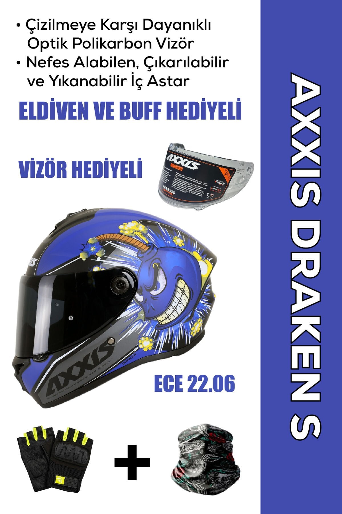 Draken S Bombs B7 / Mat Mavi Full Face Motosiklet Kaskı - İntercom Uyumlu, DOT VE ECE 22.06