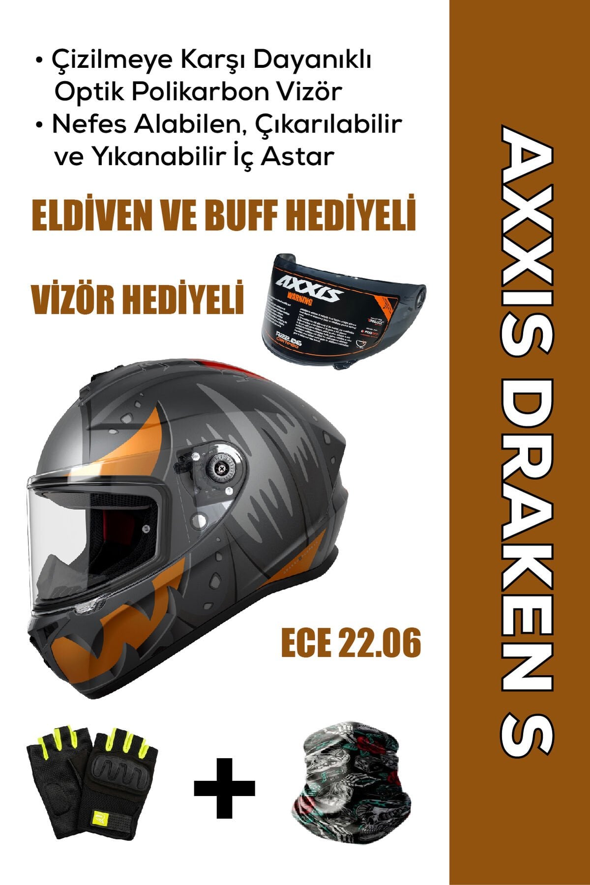 Draken S Pumpkin B4 / Fosfor Turuncu Full Face Motosiklet Kaskı - İntercom Uyumlu, DOT VE ECE 22.06