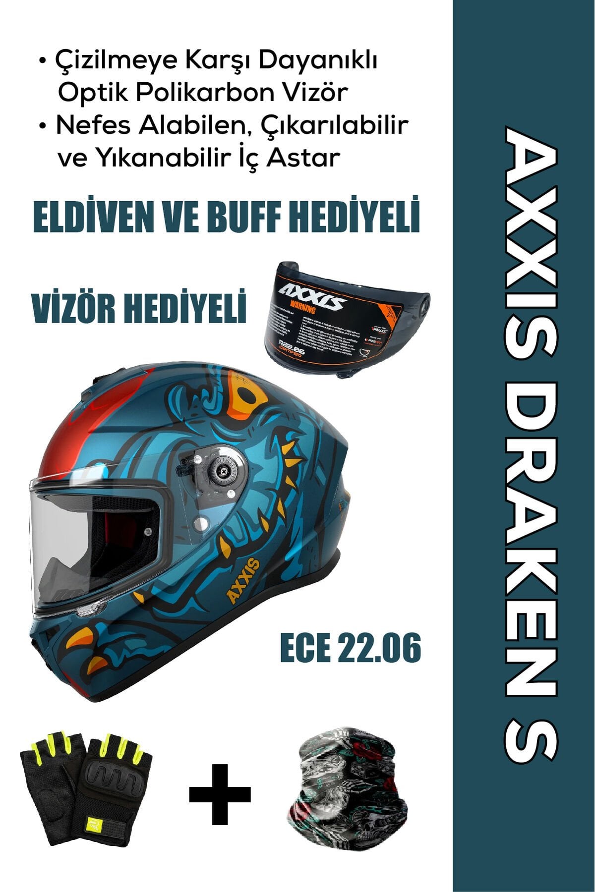 Draken S Dinatoon C7 / Mat Mavi Full Face Motosiklet Kaskı - İntercom Uyumlu, DOT VE ECE 22.06