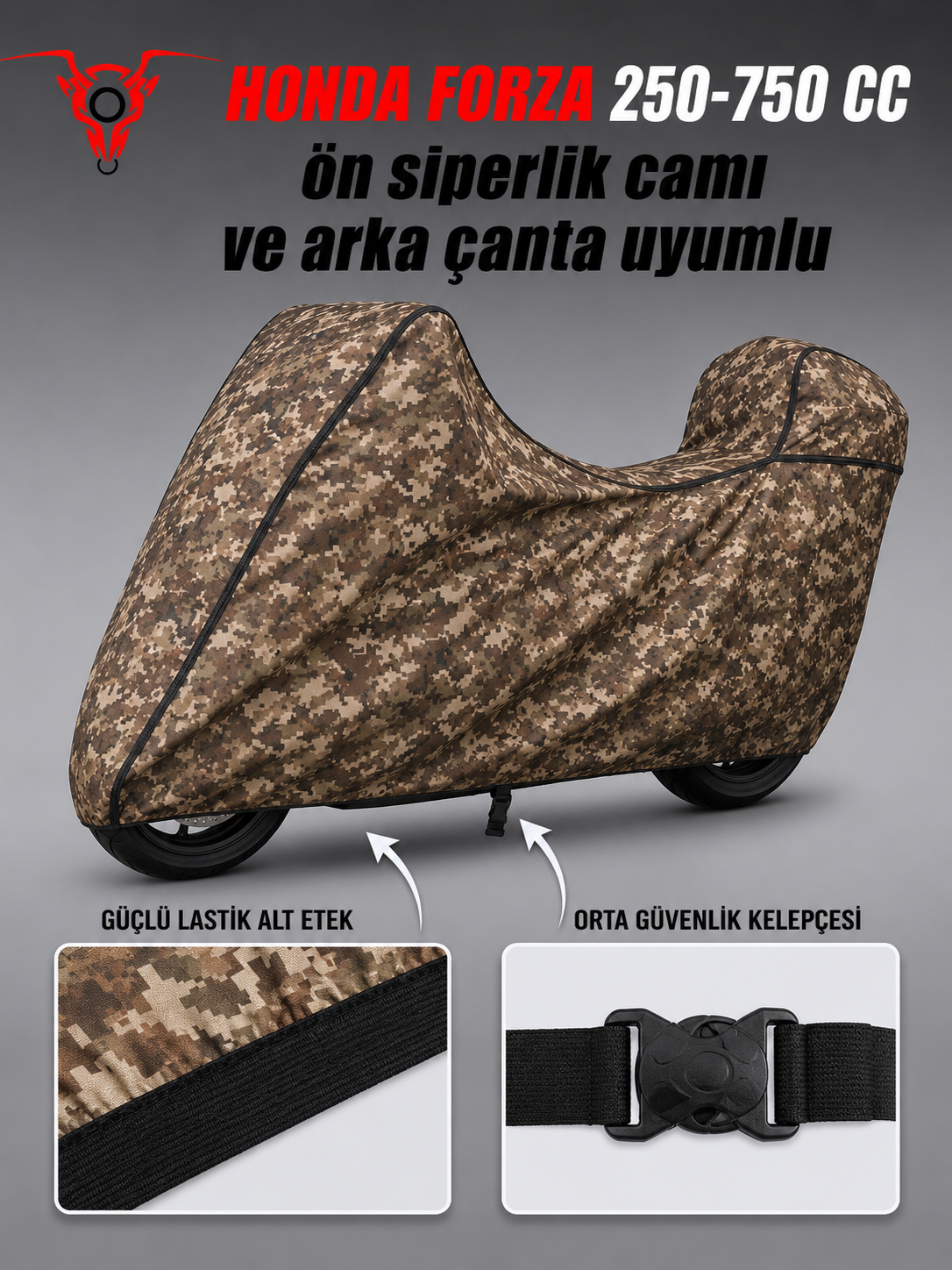 HONDA FORZA 250-750 CC Army Premium Kamuflaj Desenli Suya ve Güneş Işınlarına Dayanıklı Motosiklet Brandası