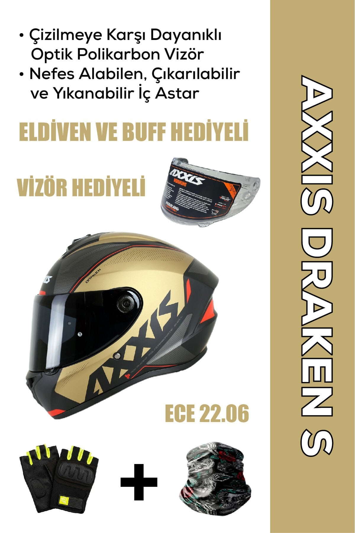 Draken S Gear A9 / Mat Gold Full Face Motosiklet Kaskı - İntercom Uyumlu, DOT VE ECE 22.06