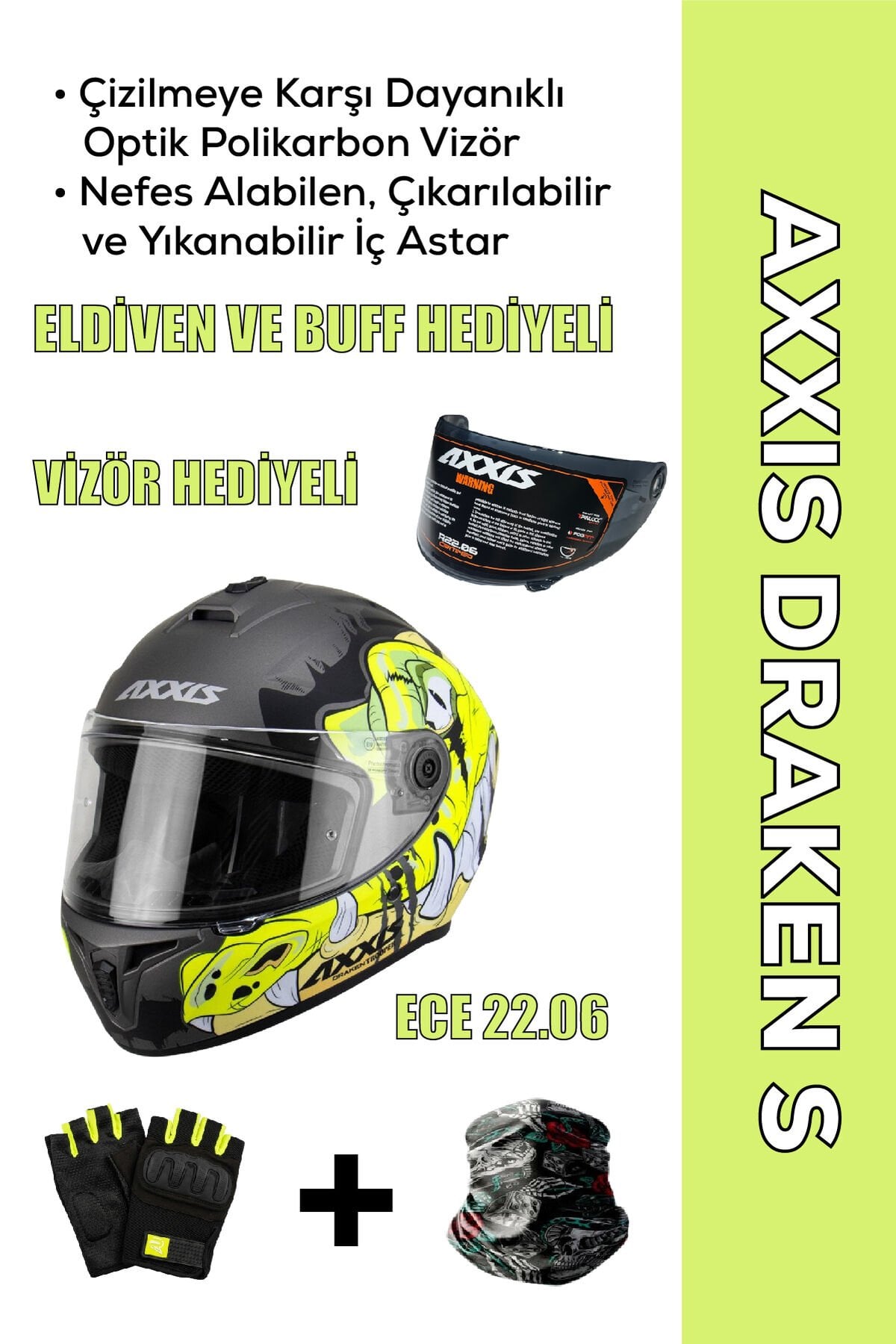 Draken S Trooper D3 / Mat Flu Sarı Full Face Motosiklet Kaskı - İntercom Uyumlu, DOT VE ECE 22.06