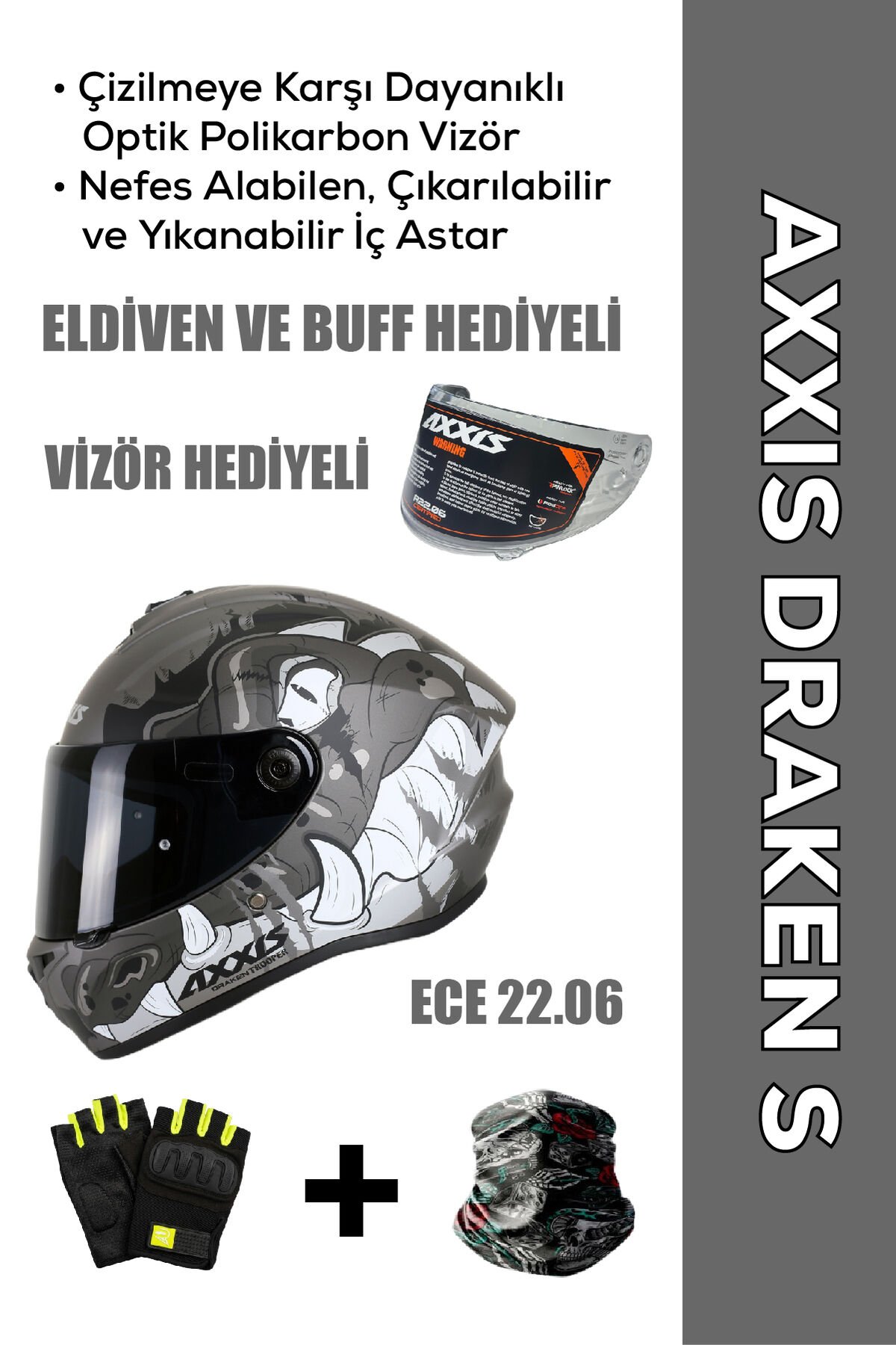 Draken S Trooper D2 / Mat Gri Full Face Motosiklet Kaskı - İntercom Uyumlu, DOT VE ECE 22.06