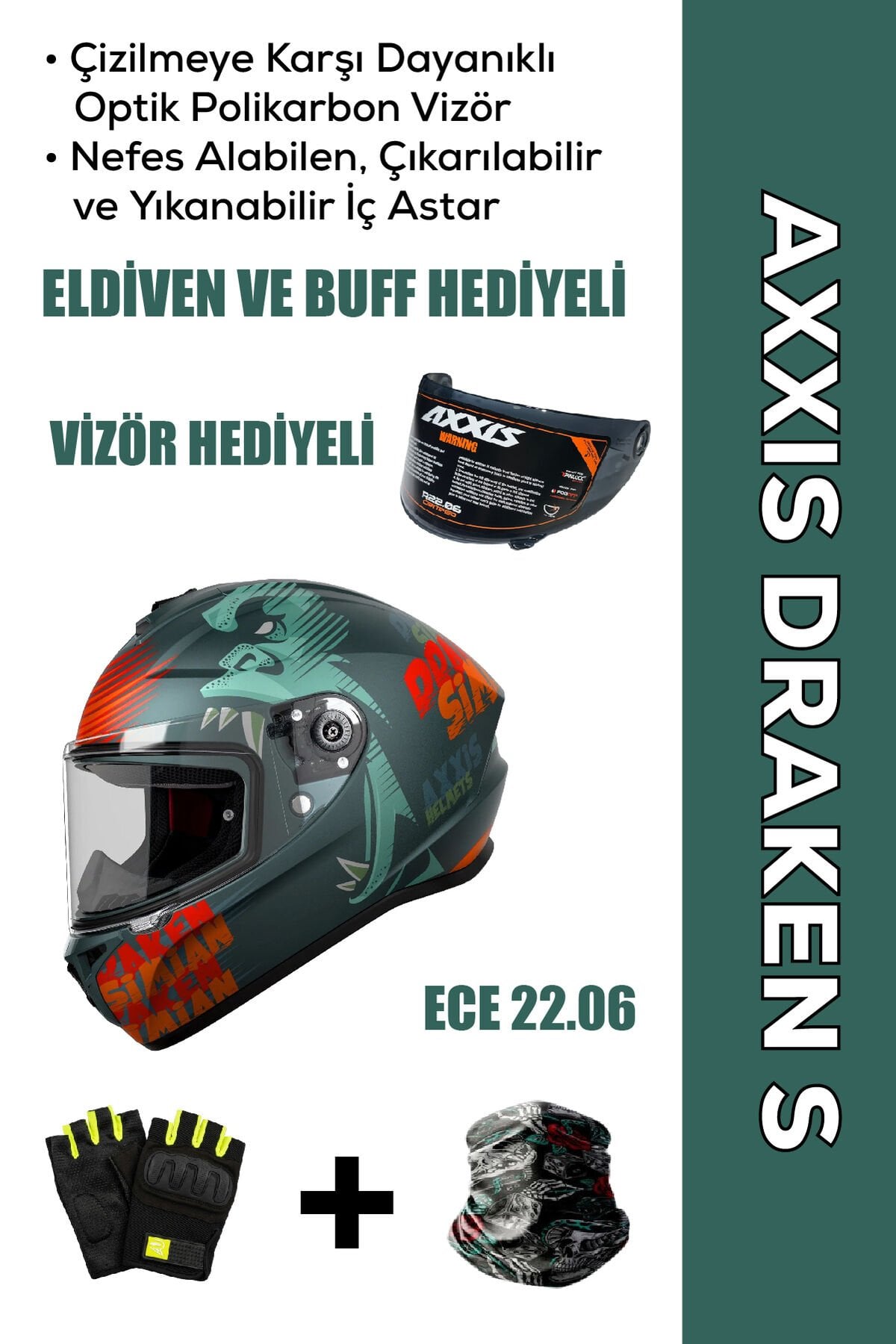 Draken S Simian B6 / Mat Yeşil Full Face Motosiklet Kaskı - İntercom Uyumlu, DOT VE ECE 22.06