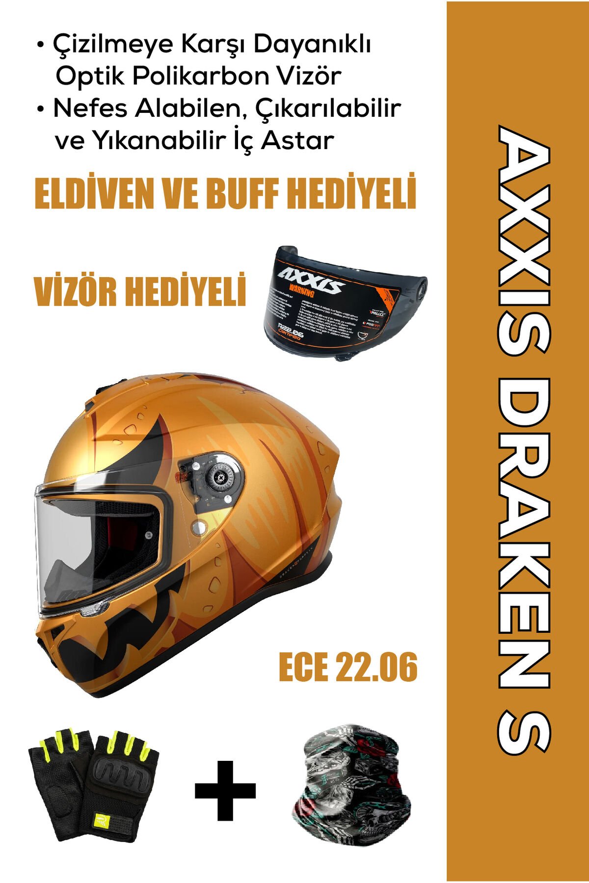 Draken S Pumpkin C3 / Mat Sarı Full Face Motosiklet Kaskı - İntercom Uyumlu, DOT VE ECE 22.06