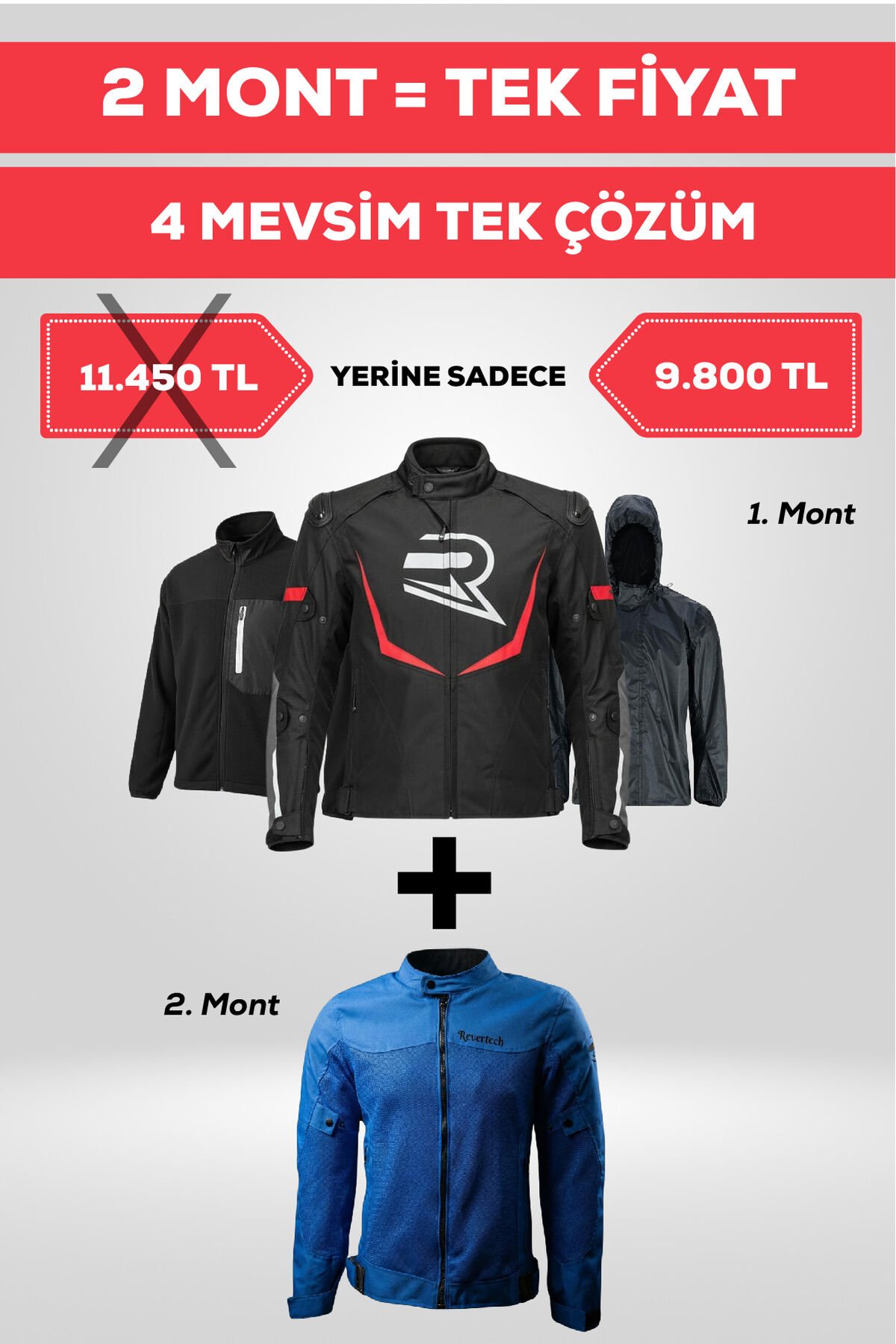 4 Mevsim Tek Paket Motosiklet Montu – Yazlık Fileli + Kışlık Mont + Yağmurluk + Polar