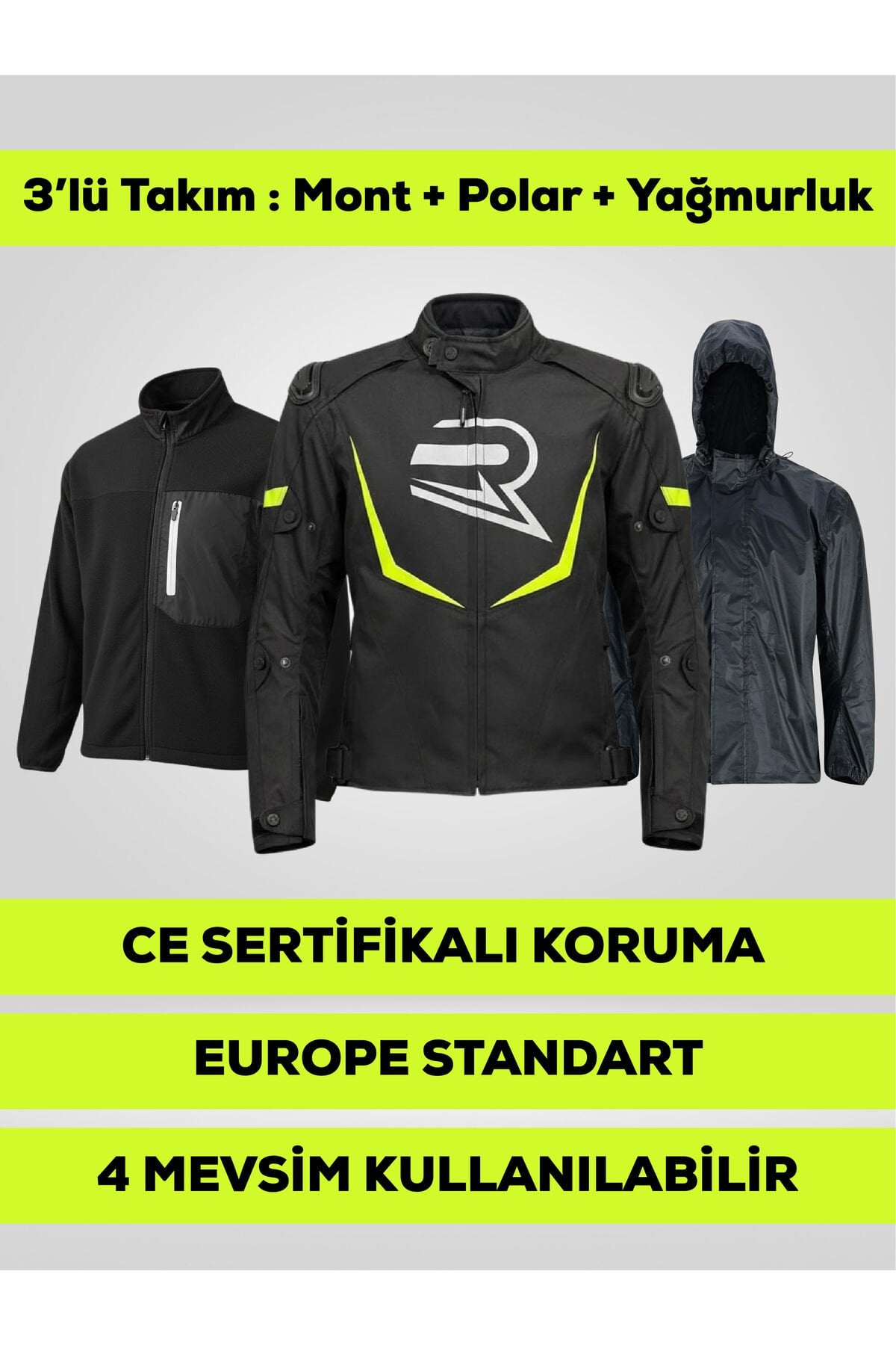 HAWK Neon Sarı Unisex Motosiklet Montu 3 Katmanlı 4 Mevsim CE Korumalı Reflektörlü