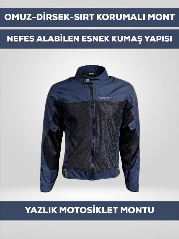 Lacivert Yazlık Fileli Motosiklet Montu CE Korumalı Nefes Alan Hafif Mont