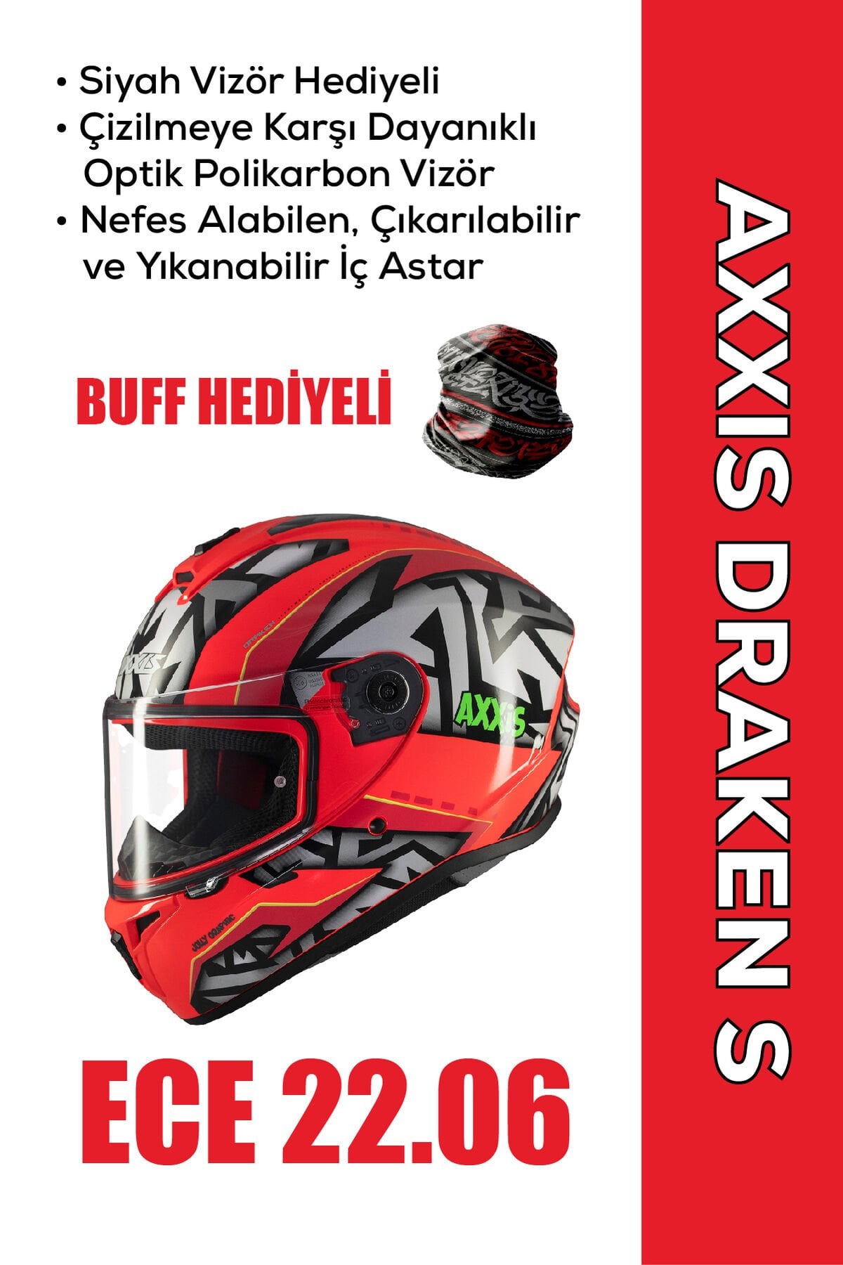 Draken S Jolly / Mat Kırmızı Full Face Motosiklet Kaskı Siyah Vizör Hediyeli