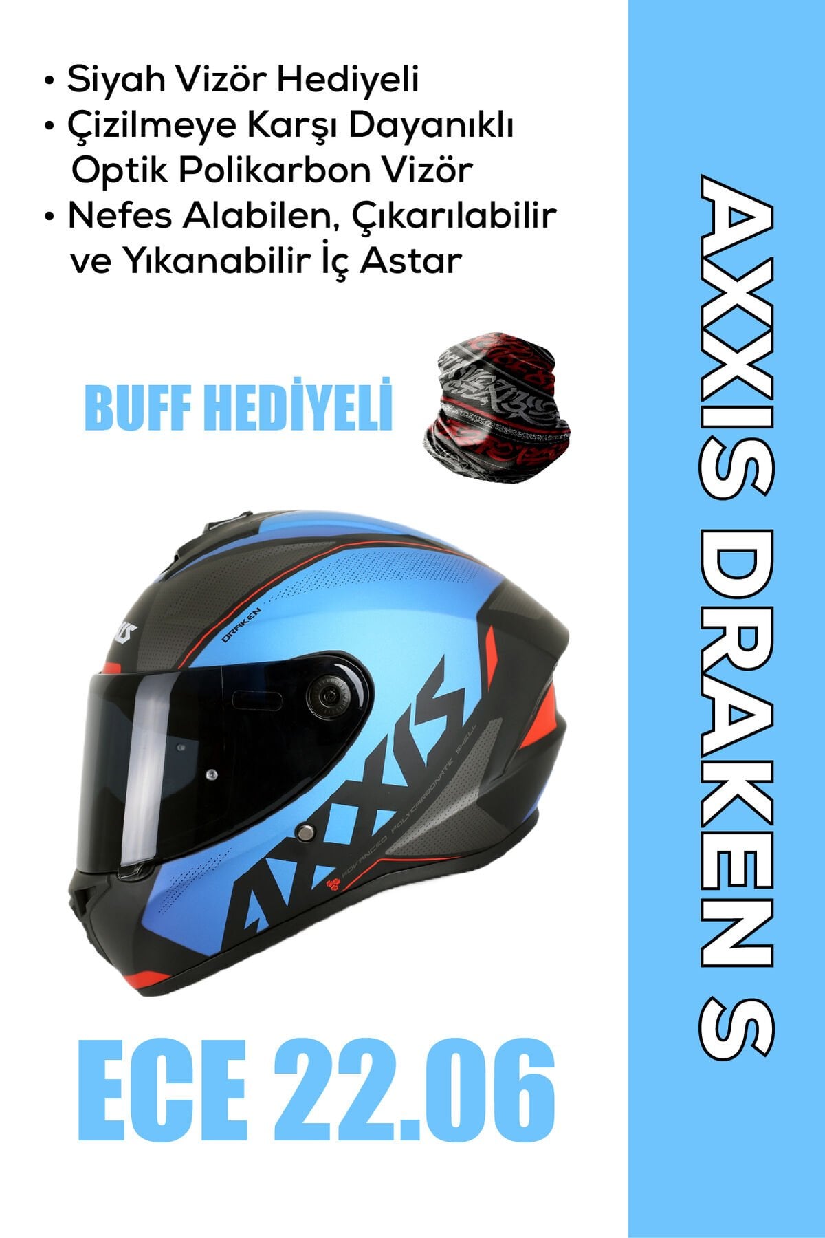 Draken S GEAR / Mat Mavi Full Face Motosiklet Kaskı Siyah Vizör Hediyeli