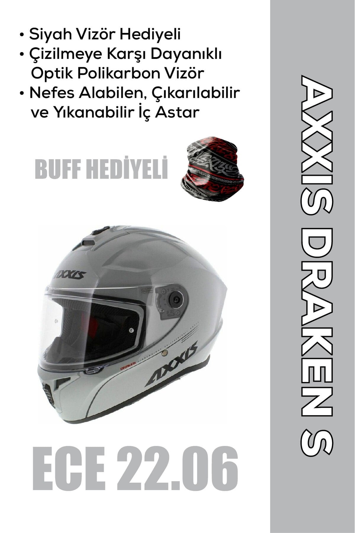 Draken S SOLID / Parlak Gri Full Face Motosiklet Kaskı Siyah Vizör Hediyeli