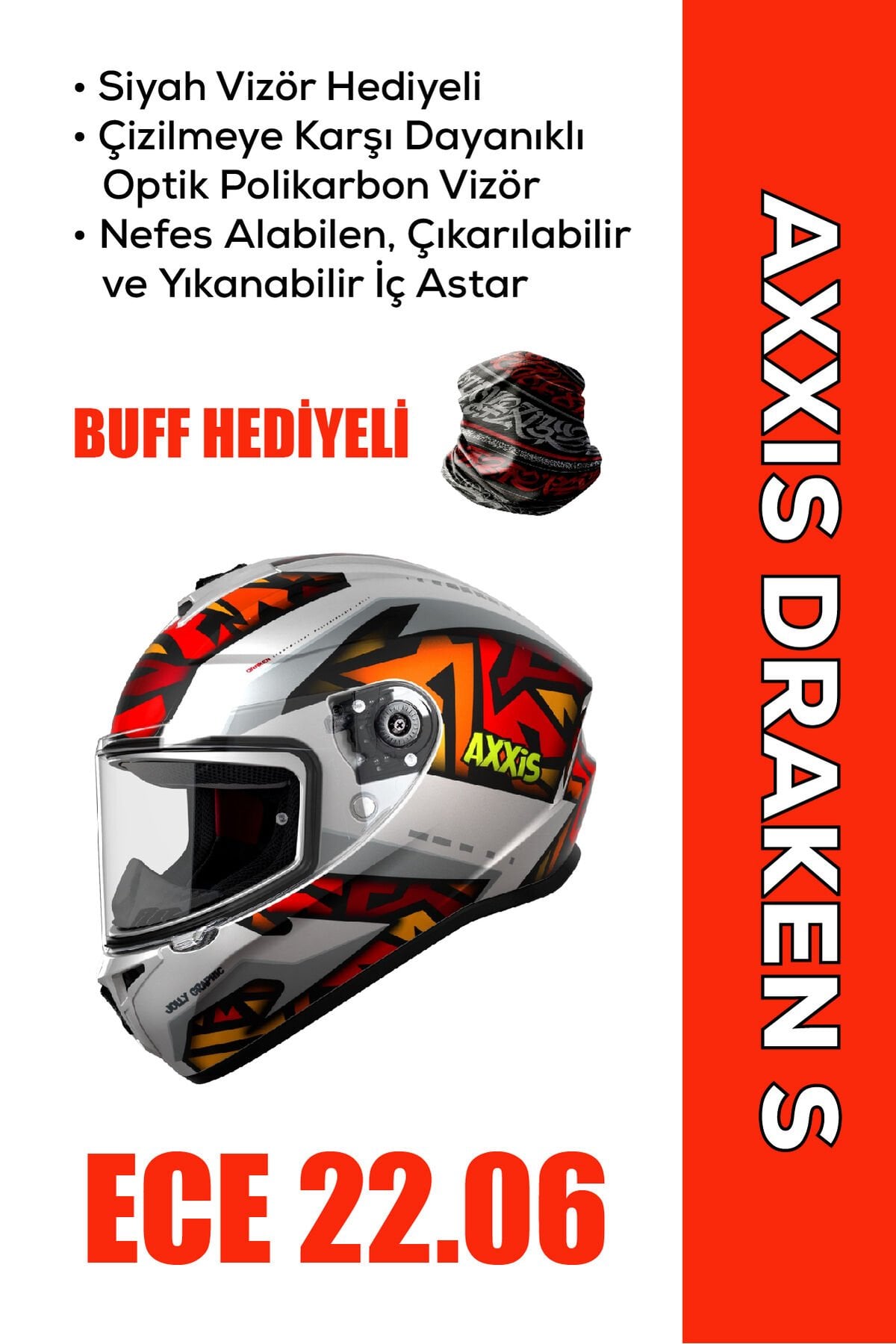 Draken S JOLLY / Mat Gri Full Face Motosiklet Kaskı Siyah Vizör Hediyeli