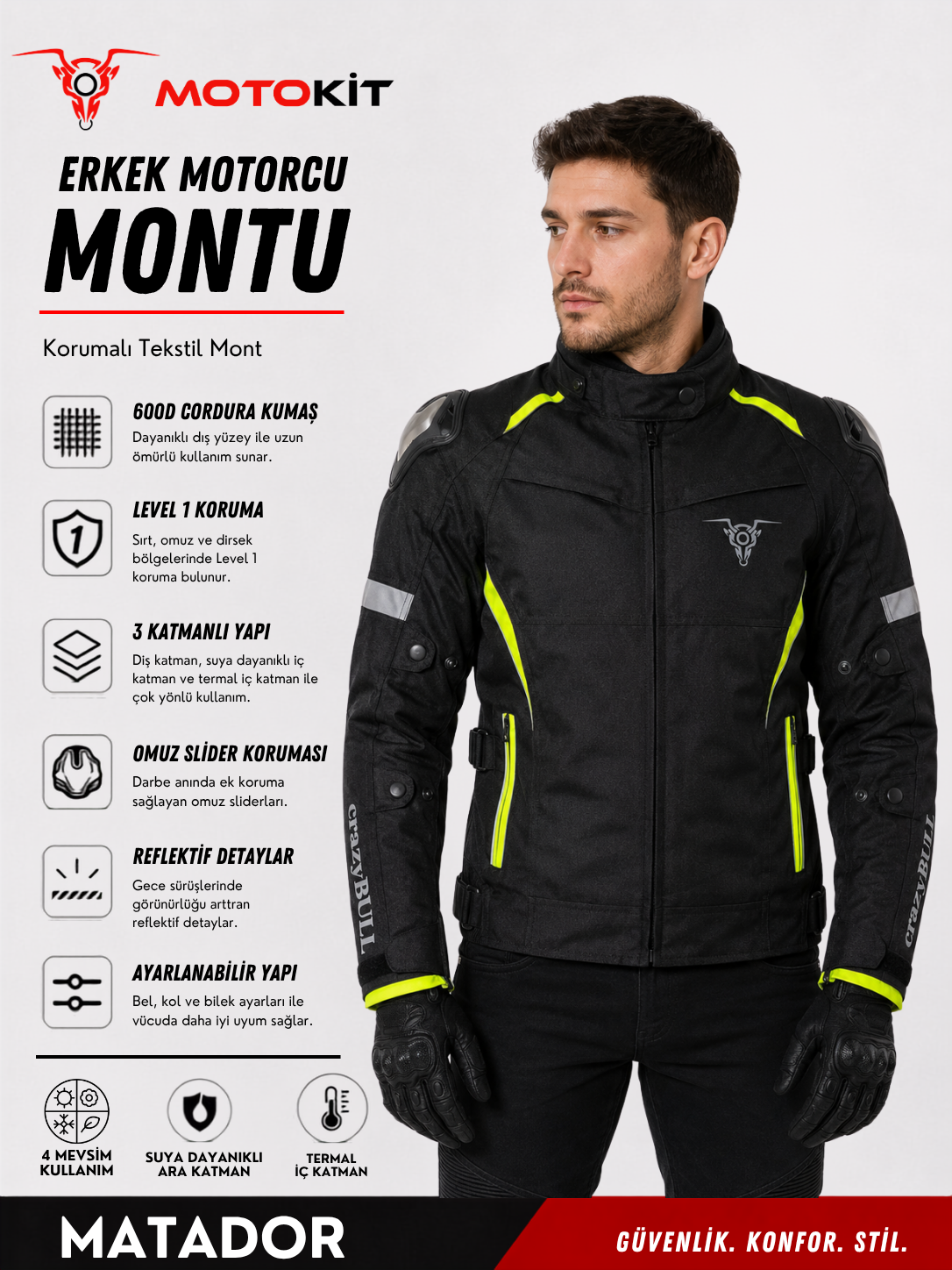 CrazyBull Matador Neon Sarı Erkek 4 Mevsim 3 Katmanlı Korumalı Reflektörlü Motosiklet Montu