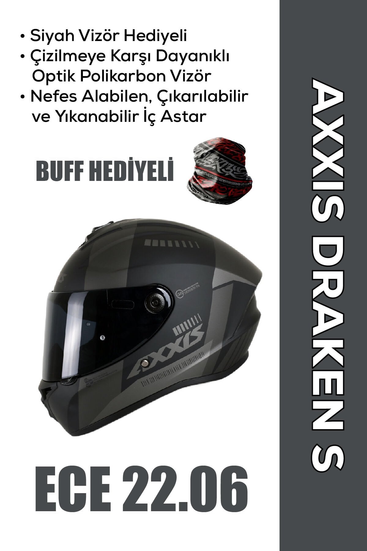 Draken S MP4 / Mat Siyah Full Face Motosiklet Kaskı Siyah Vizör Hediyeli