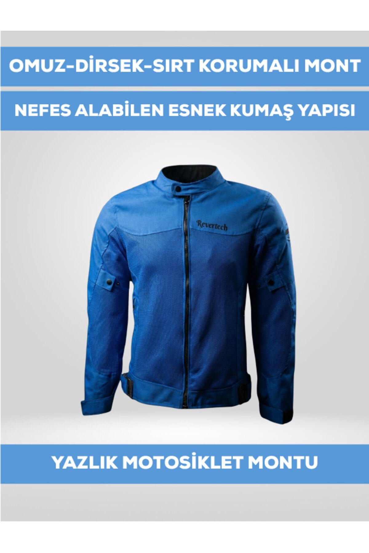 Mavi Yazlık Fileli Motosiklet Montu CE Korumalı Nefes Alan Hafif Mont